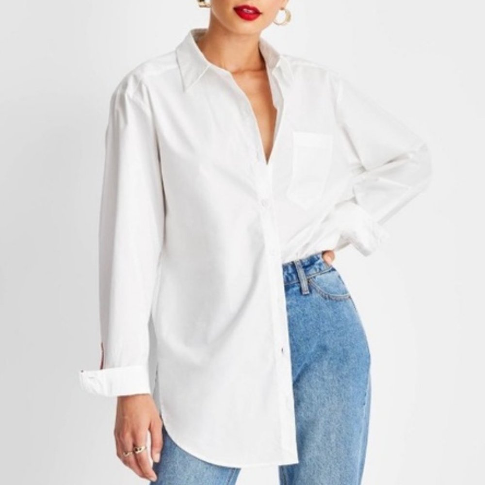 Future Collection Kahlana Barfield Brown Long Sleeve Button-Down White Shirt